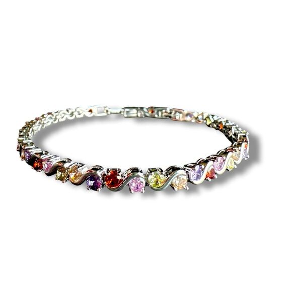 NEW 18K White Gold Plated Round Multicolor Crystal CZ 6.5 / 7.5" Tennis Bracelet - Picture 1 of 12